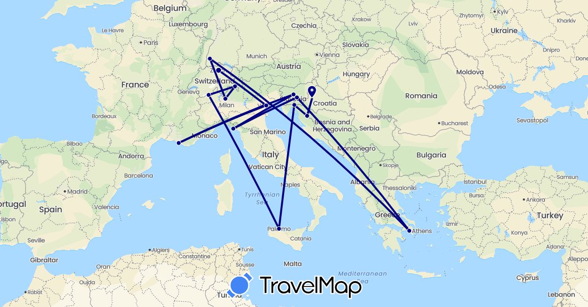 TravelMap itinerary: driving in Switzerland, Germany, France, Greece, Croatia, Italy, Slovenia (Europe)